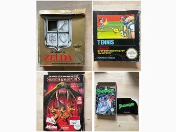 NES boxar – Zelda, Tennis, Swords and Serpents + Shadowgate manual